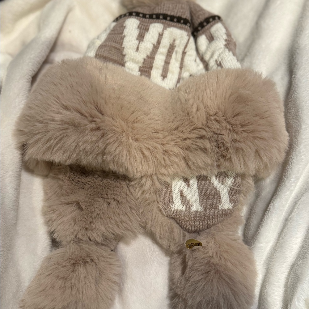 Faux Fur Pom Hat with Knit 'NY' Detail - Taupe